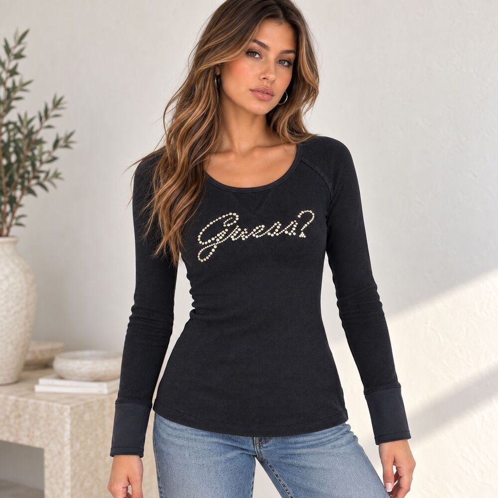 GUESS Women’s XL Y2K Rhinestone Logo Waffle Knit Long Sleeve Top Black 2000s